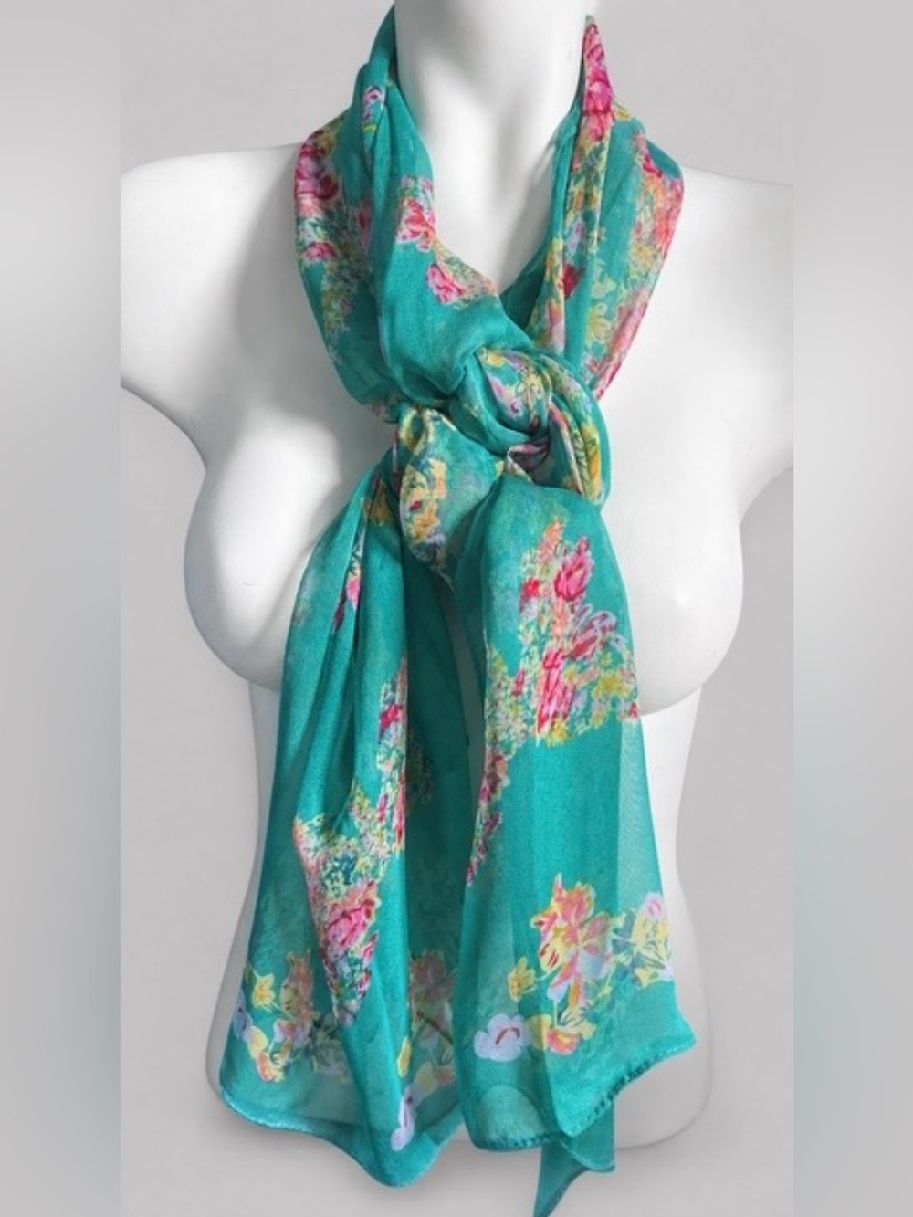 Silk-Feel Turquoise Semi-Sheer Scarf • Flowers & Butterflies Garden